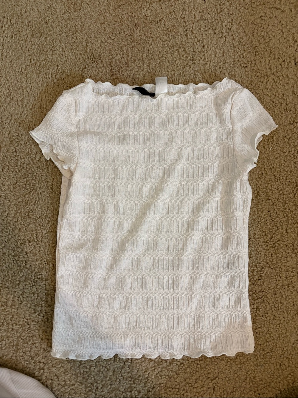 Divided White Textured Short Sleeve Ruffle-Edge Top